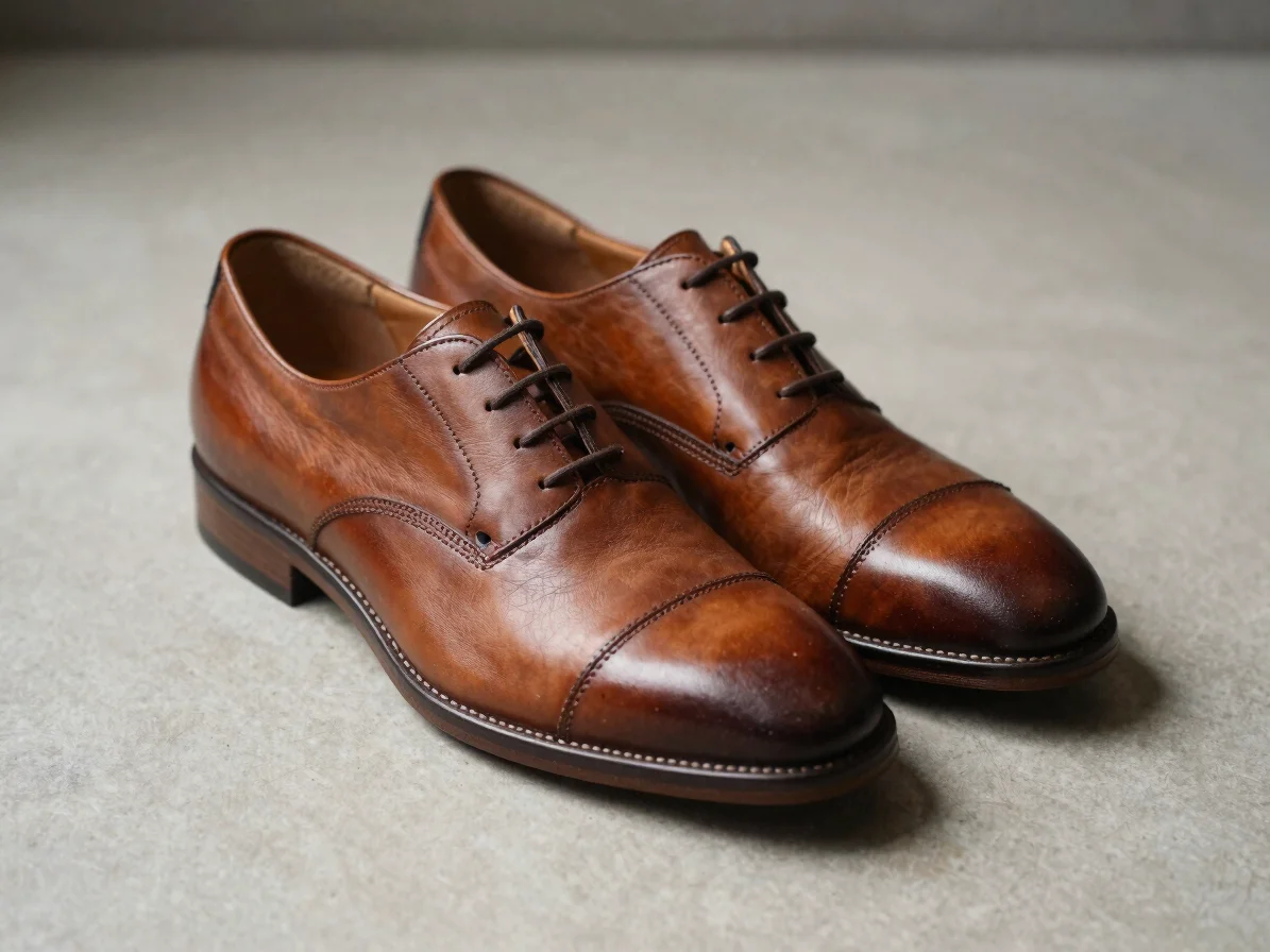 Editorial product photograph of a pair of finished leather shoes on a neutral surface, soft directional daylight, honest