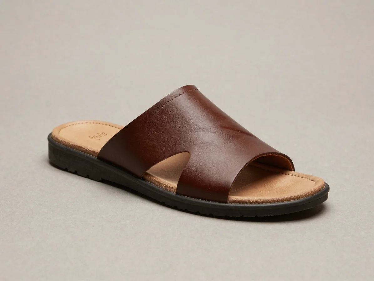 Editorial product photograph of leather chappals with visible rubber sole and plastic base detail, soft directional dayl