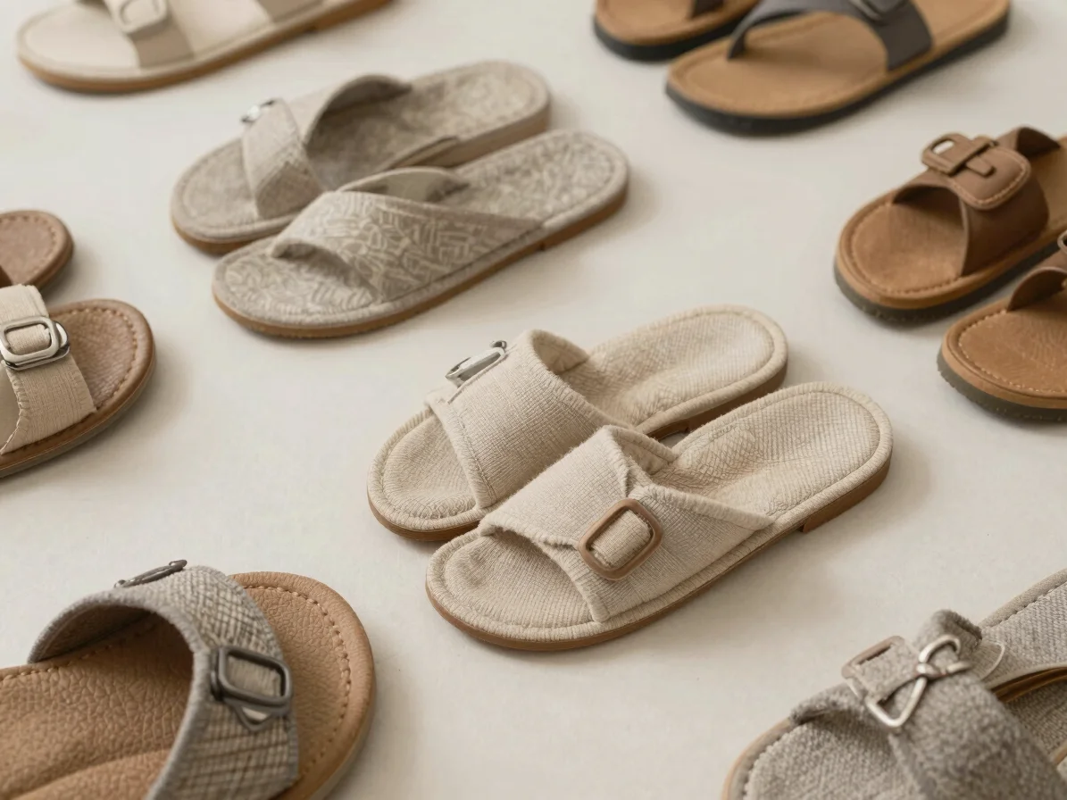 Editorial product photograph of cloth sandals and chappals grouped together, soft neutral daylight, honest textile tones