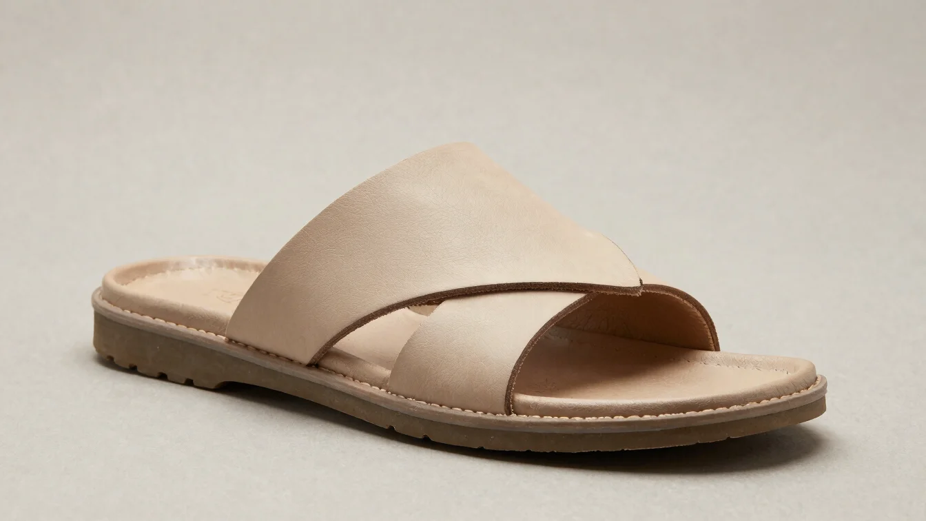 Close product detail of a rubber sole edge on a leather chappal, soft neutral studio light, accurate material tones