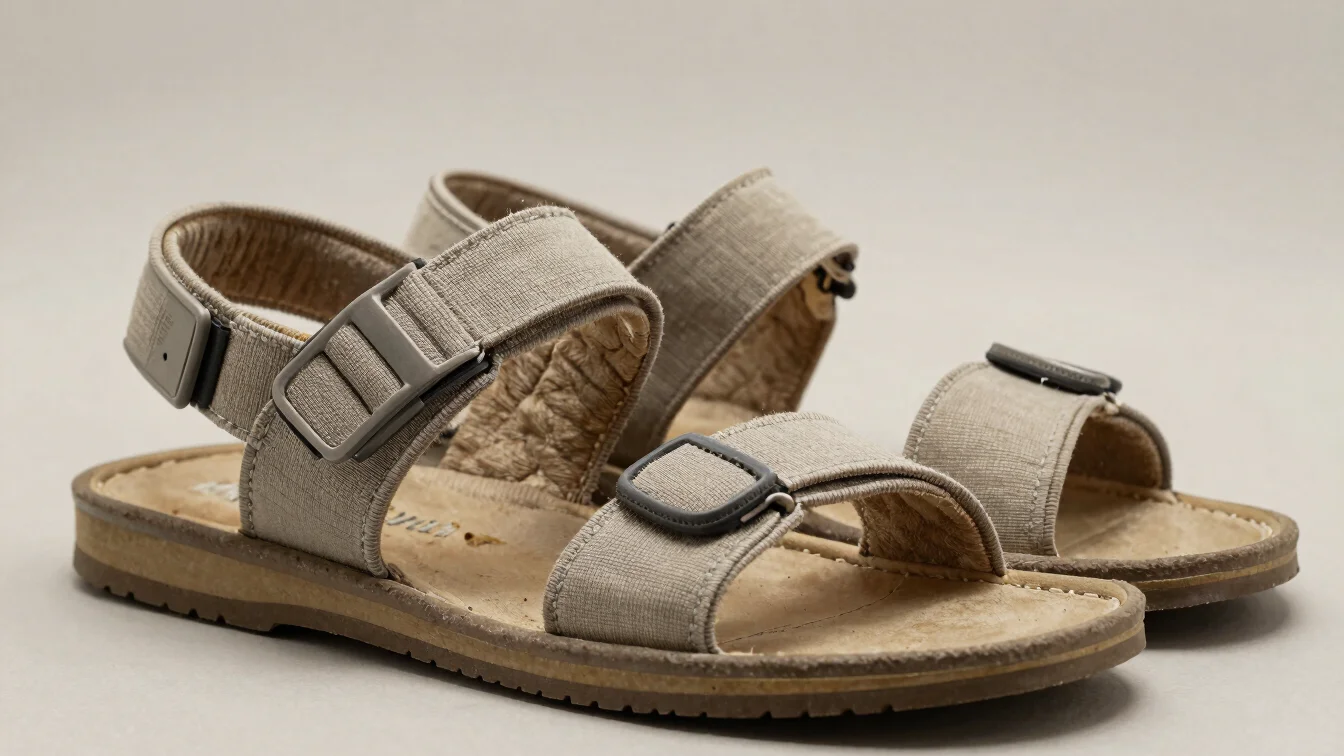 Close detail of cloth straps and textile lining on a sandal, soft directional daylight, honest textile texture, neutral