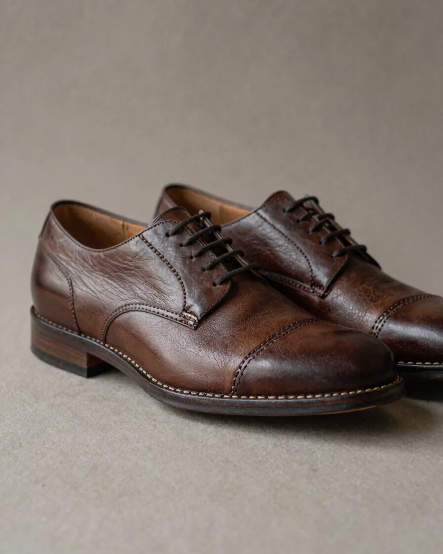 Close editorial product photograph of finished leather shoes on a neutral surface under soft directional daylight, showi